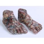 Anatomy and the Macabre - a pair of pottery models, of feet, each with decaying flesh revealing