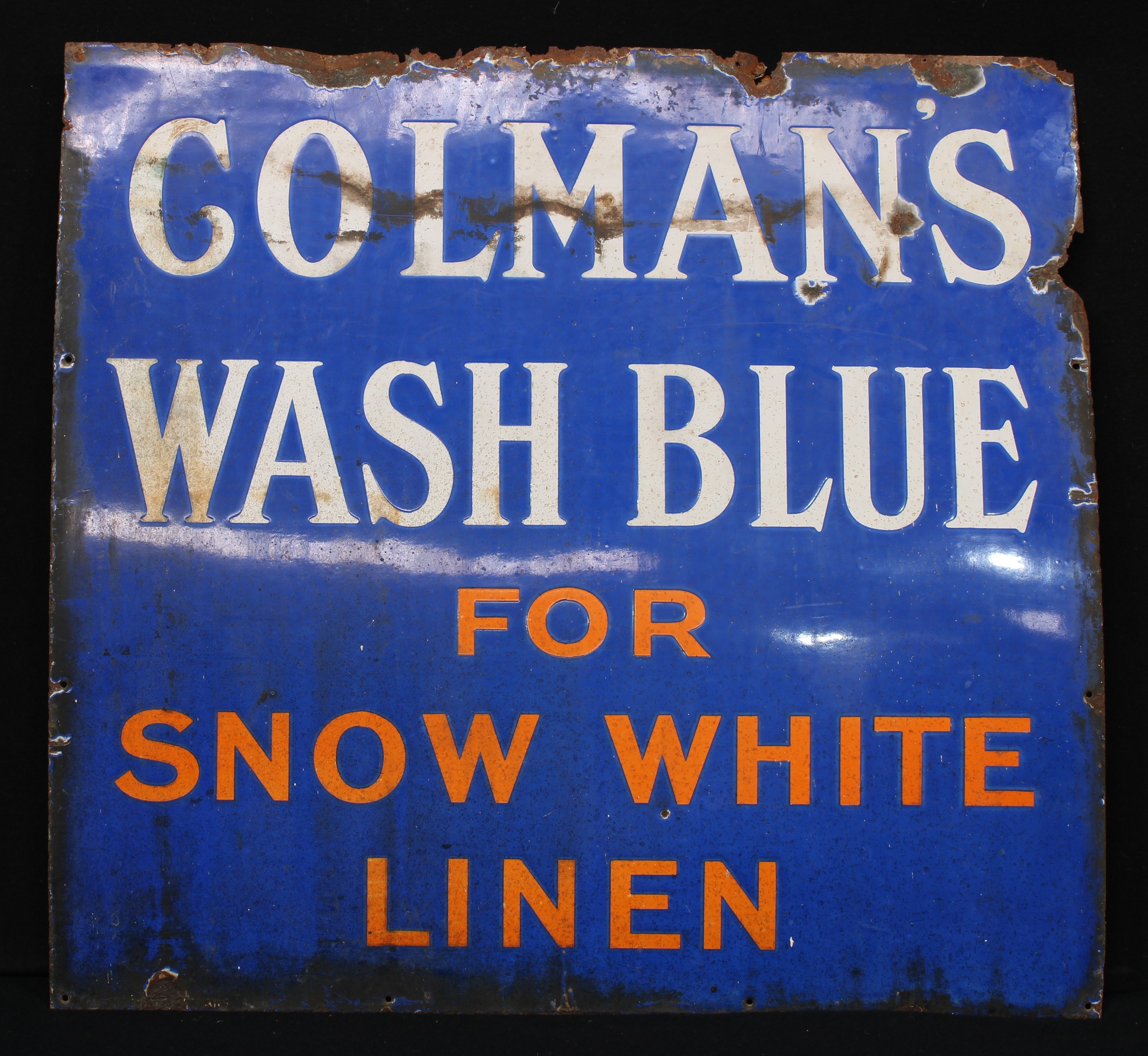 Advertising - an early 20th century enamel sign, Colman's Wash Blue, For Snow White Linen, 91cm x