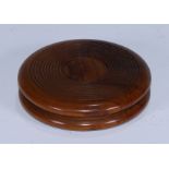 A 19th century walnut push-centre trick snuff box, reeded borders, 9cm diam