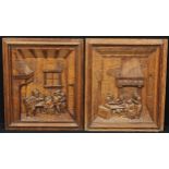 A pair of North European oak panels, carved in relief in the manner of Teniers with tavern dwellers,