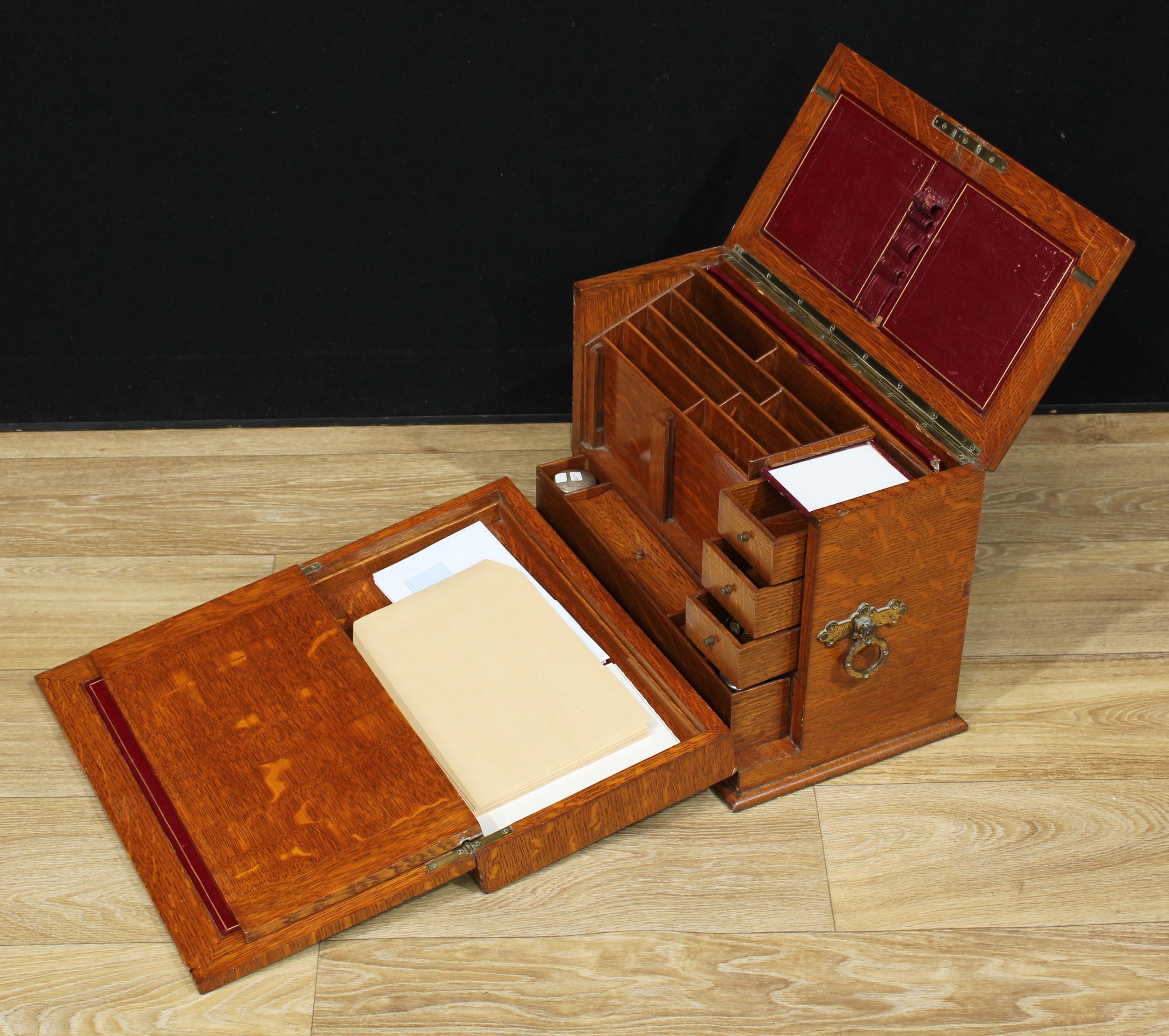 A Victorian oak table-top writing and stationery cabinet, hinged cover and fall-front enclosing a - Bild 4 aus 6