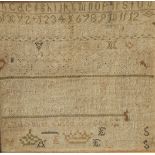 A small George III square needlework sampler, worked by Anne Smith Aged 8 Years/1802, with the