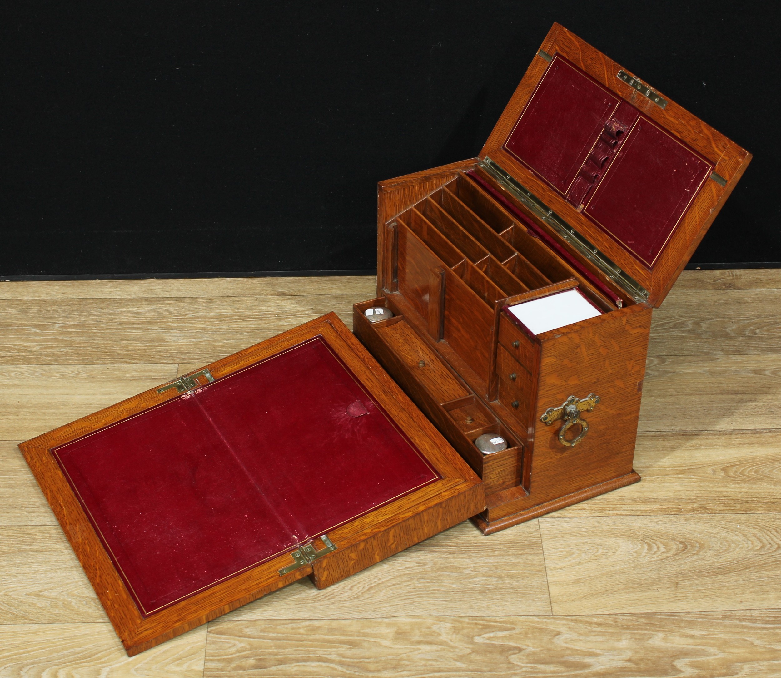 A Victorian oak table-top writing and stationery cabinet, hinged cover and fall-front enclosing a - Bild 3 aus 6