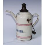 Automobilia - an early 20th century French enamel petrol can, inscribed Petroleum, 2Ltr, 28cm