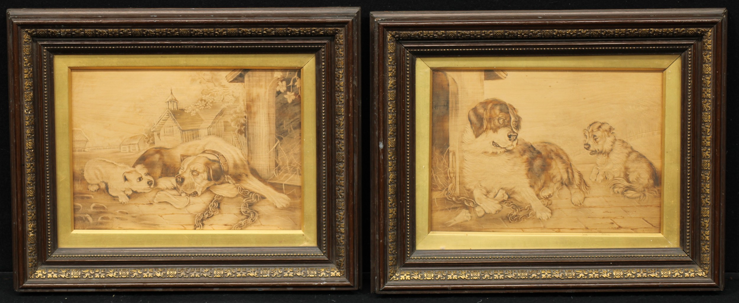 A pair of 19th century canine pyrography pictures, depicting dogs and pups beside kennels, 19.5cm