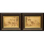 A pair of 19th century canine pyrography pictures, depicting dogs and pups beside kennels, 19.5cm