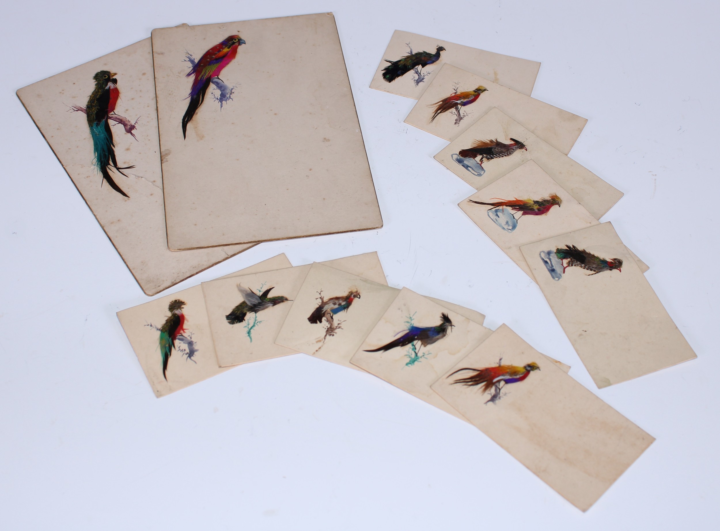 Ephemera - a set of ten Victorian avian decoupage place setting cards, each decorated with a feather