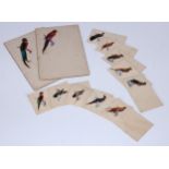 Ephemera - a set of ten Victorian avian decoupage place setting cards, each decorated with a feather
