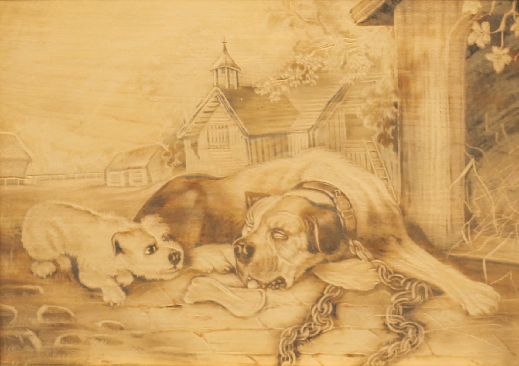 A pair of 19th century canine pyrography pictures, depicting dogs and pups beside kennels, 19.5cm - Bild 2 aus 3