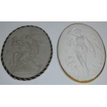 A Grand Tour type bisque porcelain oval plaque, in bas relief with Sappho and lyre, 11.5cm x 9cm;
