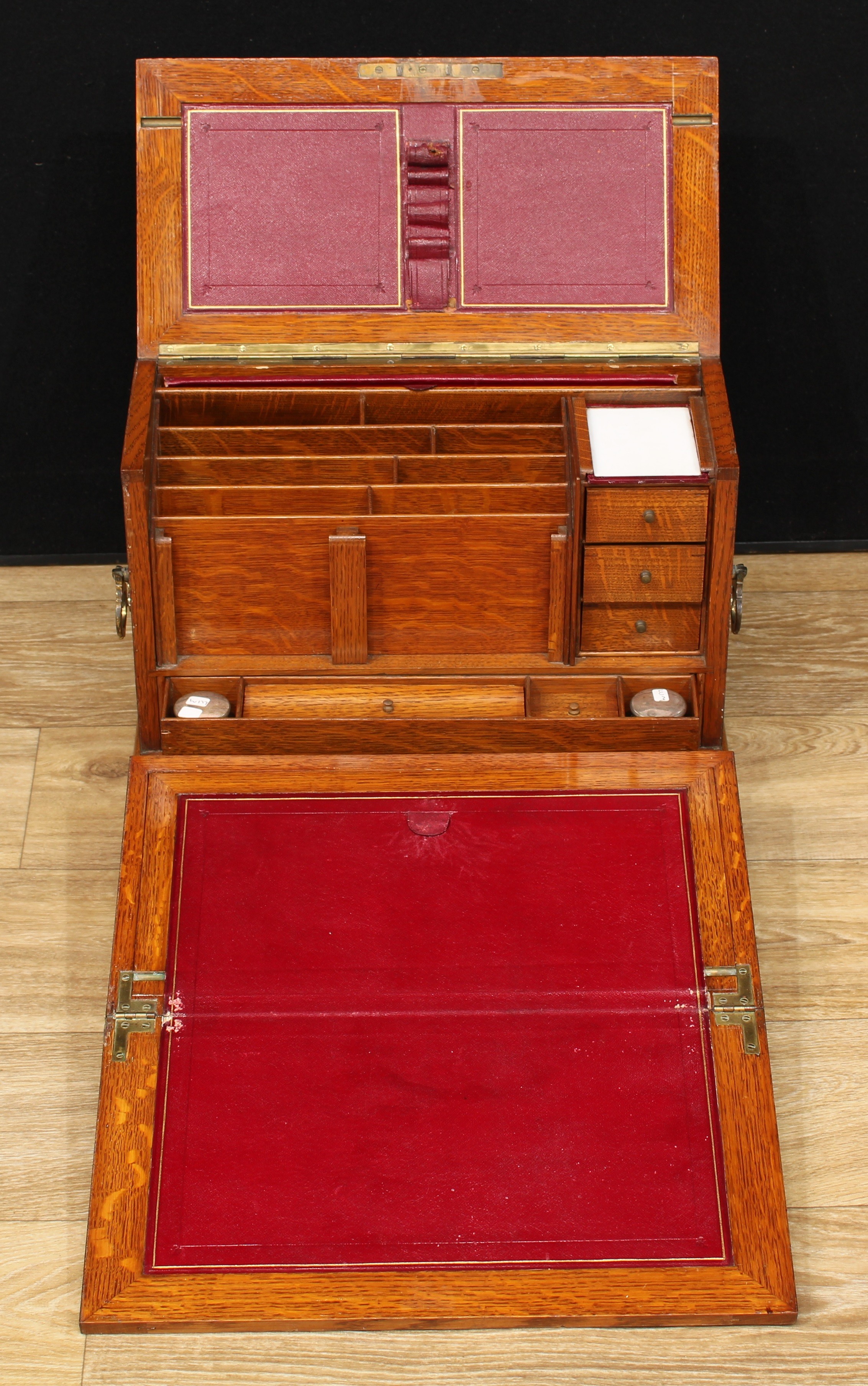 A Victorian oak table-top writing and stationery cabinet, hinged cover and fall-front enclosing a - Bild 2 aus 6