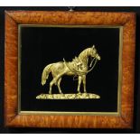 A 19th century gilt metal applique, cast as a race horse, maple frame, 39cm x 43cm