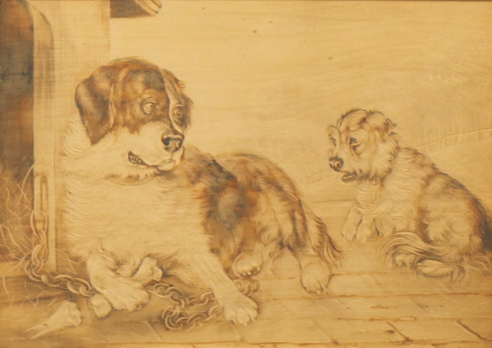 A pair of 19th century canine pyrography pictures, depicting dogs and pups beside kennels, 19.5cm - Bild 3 aus 3