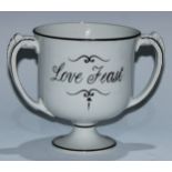 A Victorian Methodist earthenware twin-handle pedestal loving cup, inscribed Love Feast and dated