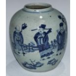 A Chinese ovoid jar, painted in tones of underglaze blue with Shou Lao and officials, 22cm high