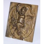 A 19th century bronze bas relief plaque, cast with a putto, 22cm x 19cm