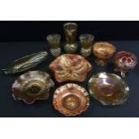 Carnival Glass; a wavy edge shallow bowl 27cm diameter, along with a selection of bowls, a