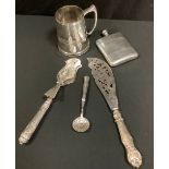 A pair of silver plated asparagus tongs, silver coloured metal handles, silver hafted straining