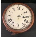 An early 20th century mahogany cased station clock, white enamel face, Roman numerals, c.1910/20