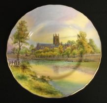 A Royal Worcester shaped circular plate, decorated with Worcester Cathedral, 27cm diam, printed