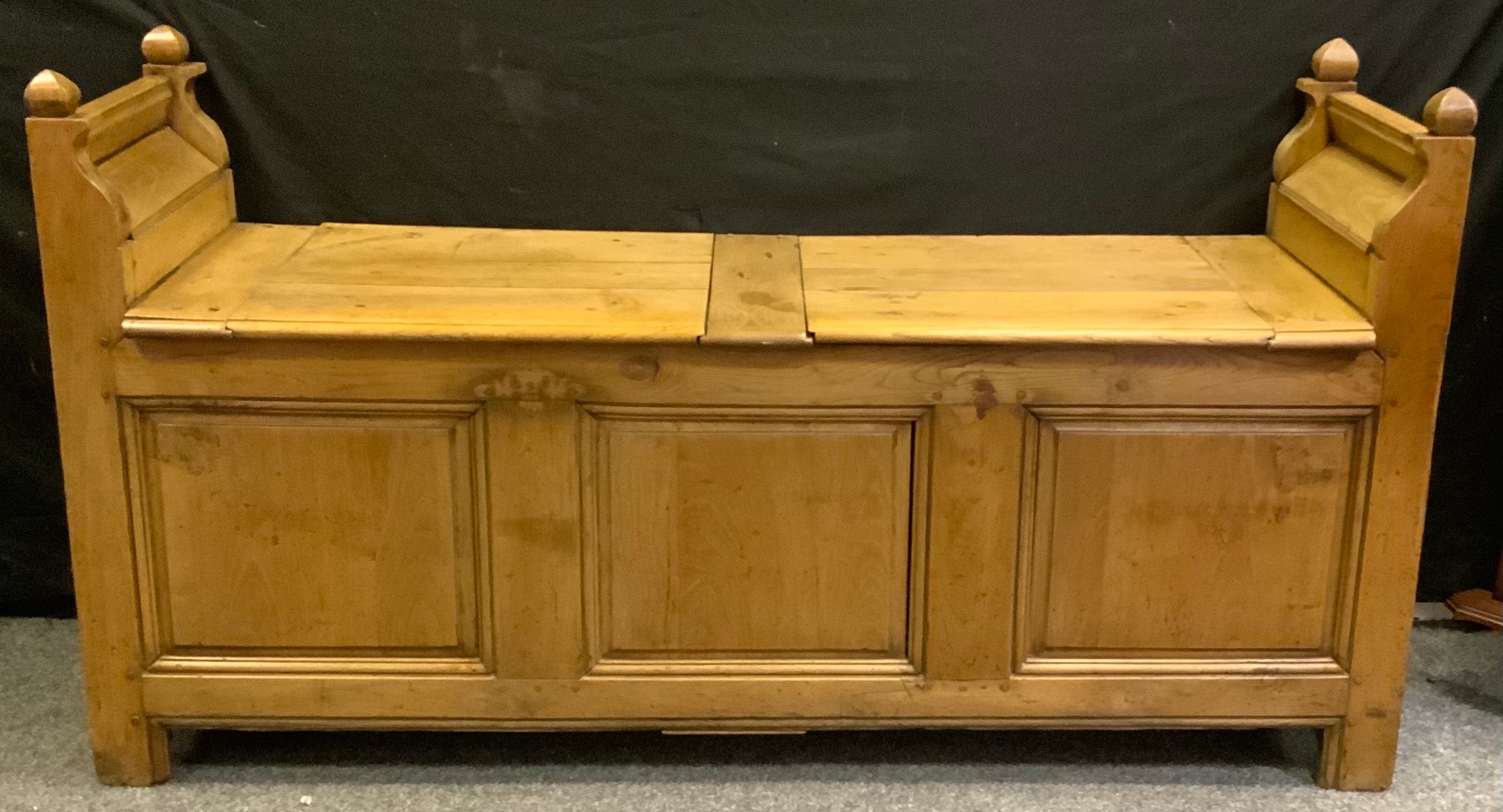 A 19th century and later unusual oak blanket box, twin opening compartments, 95cm high, 178cm