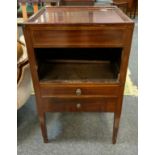 A George III style mahogany bedside cabinet, square top above a cupboard door and two short drawers,