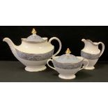 A Royal Doulton Carlyle Blue pattern three piece tea set, Tea pot, milk jug and sugar bowl,