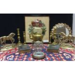 Brass and Metal Ware - a pair of brass ejector candlesticks; a glass and plated biscuit barrel,
