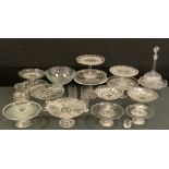 A James Hateley 1887 pressed glass Tazza, a Victorian pressed glass cake stand, other Victorian