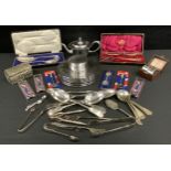 A Mappin & Webb silver plated fork and rests set, cased; serving set, flatware, etc.