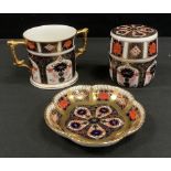 Royal Crown Derby 1128 pattern Imari footed bonbon dish, first quality; loving cup, second