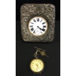 A silver open faced pocket watch; a Victorian silver mounted pocket watch holder and pocket watch