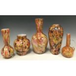 Studio Glass; a group of five Murano type glass vases, each with encased swirls of autumnal colour