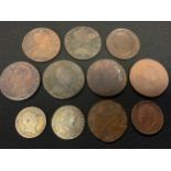 Coins - a George III silver sixpence, 1787, others pennies, George IV 1825 farthing, Napoleon III