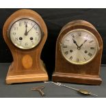 An Edwardian inlaid mahogany balloon clock, cream dial, Arabic numerals, minute track, eight day