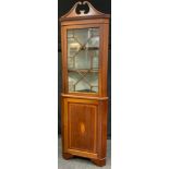 Edwardian mahogany floor standing corner cabinet, swan neck pediment, astral glazed top door,