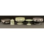 A Wedgwood black jasperware footed fruit bowl, another; a green Tazza etc (5)