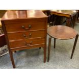 An Edwardian mahogany three drawer music cabinet, shaped square legs, 72.5cm high, 49cm wide, 37cm