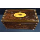 A large George III mahogany rectangular tea caddy, the hinged cover inlaid in coloured woods with