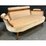 A Victorian inlaid Rosewood double seater settee, stuffed-over upholstery, tapered square legs,