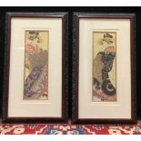 A pair of Japanese woodblock style prints, Geisha Girls, 40cm x 14cm, ornate frames (2)