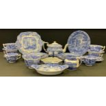 A Spode Italian pattern blue and white six setting tea and table service inc Teapot, cups, saucers