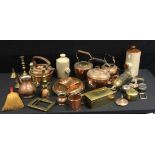 Brass and Cooper - copper kettle; candlesticks; warming pan; Pyrene fire extinguisher; bed