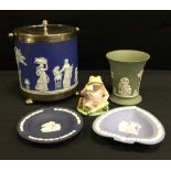 A Wedgwood blue jasperware biscuit barrel, silver plated mounts; trinket dishes; a Beswick Beatrix