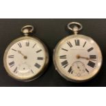 A late Victorian silver open face pocket watch, white enamel dial, bold Roman numerals, key wind