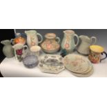 Early to mid 20th century ceramics; two H. J. Wood Ltd. Burslem ware pitchers, and three