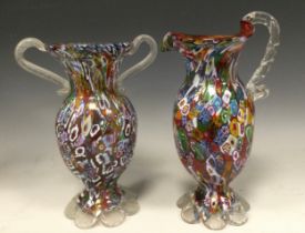 A Murano Glass 'Millifiori' double-handled vase, mid 20th century, 21cm tall; and a similar