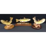 A pair of painted wooden models , arching trout, drift wood effect bases; another 18cm high, 25cm