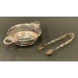A George V silver pierced circular sweetmeat dish, tied ribbon bow loop handles, Synyer & Beddoes,