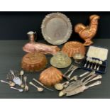 A novelty cake tin as a Cockerel; others Fish, shell etc; silver plated salver, fish slice etc.